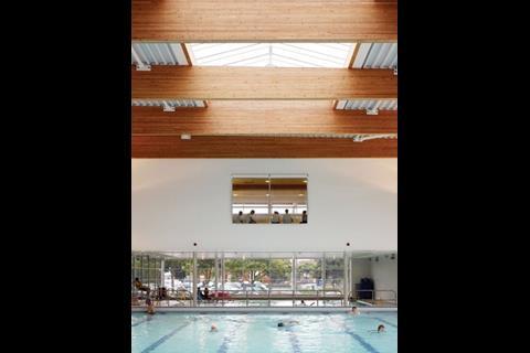 The swimming pool lighting is a combination of 150W metal halide uplights and 250W downlights. As daylight fades, the uplighters come on first to lift the space